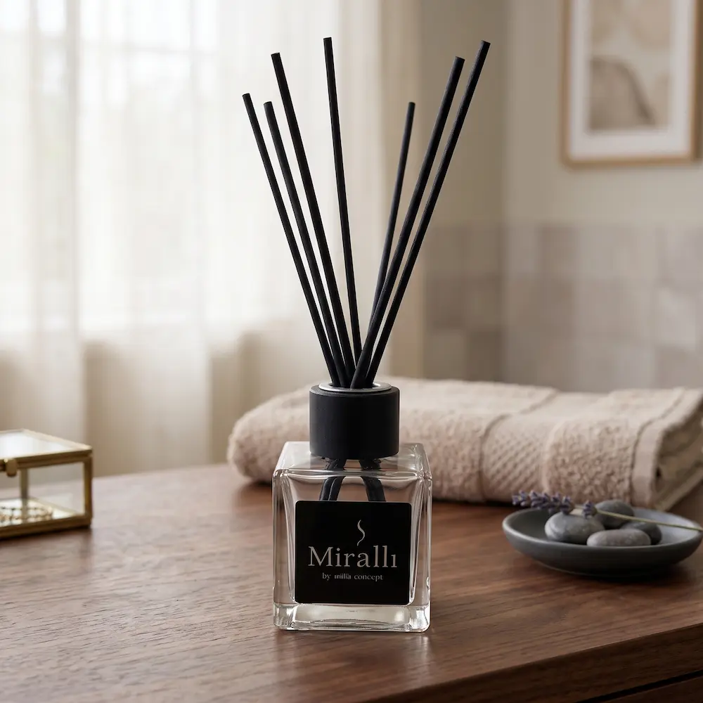 Miralli prémium pálcás illatdiffúzor, 100ml elegáns üvegpalack fekete nád pálcákkal
