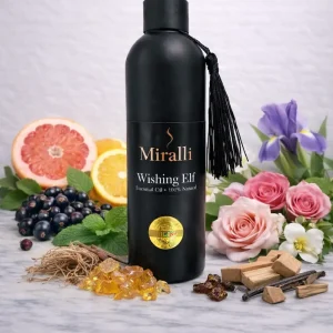 Miralli Wishing Elf prémium aroma diffúzor illat fekete üvegben, friss grapefruit, narancs, rózsa és feketeribizli illatjegyekkel.